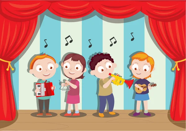 Conjunto Niños Tocando Música Escenario — Vector de stock