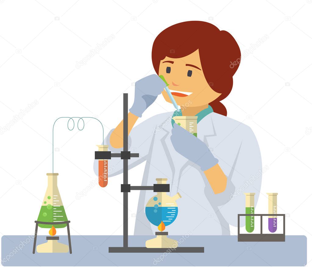 Chemist with test tubes and flasks, glass beaker