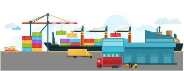 Tersanede çalışan vinç köprüsü olan yük gemisi.