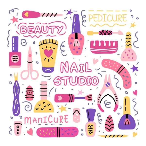 Nagel salon manicure pedicure studio doodle icon set — Stockvector