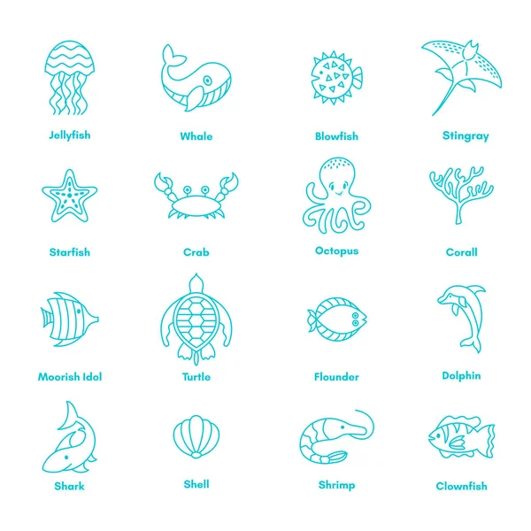 Blue sea or ocean animals icon set — Stock Vector