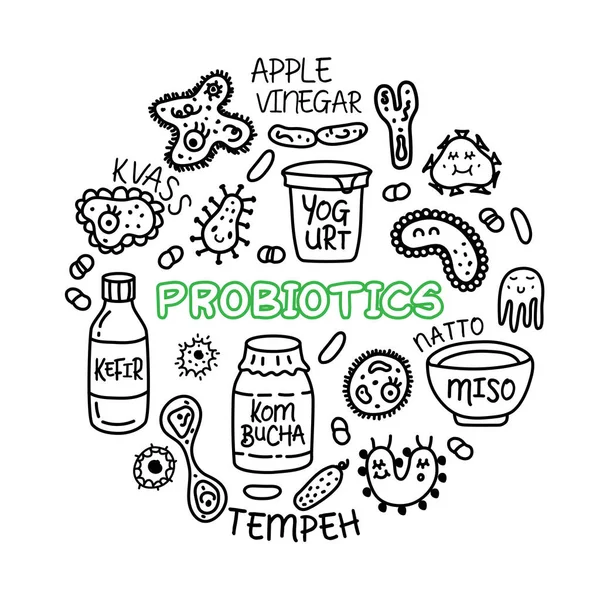 Probióticos bacterias alimentos medicina conjunto ciircle concepto . — Vector de stock