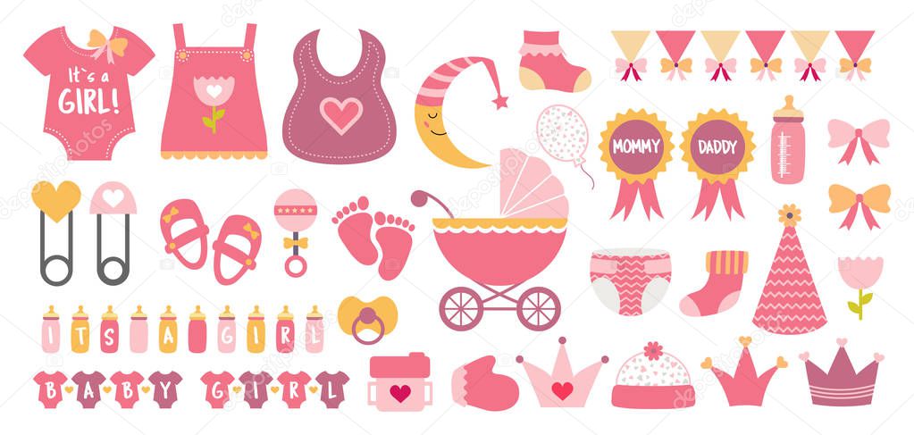 Baby shower icon vector set in pastel colors. Such elements as pram, bib, bottle, toy, stroller, sock, rattle. Illustrations to design cards, banner, invitation, postcard. Little girl birthday party collection 