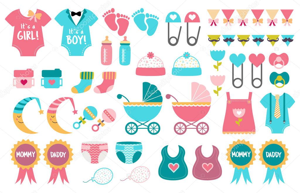 Baby shower icon vector set gender reveal party
