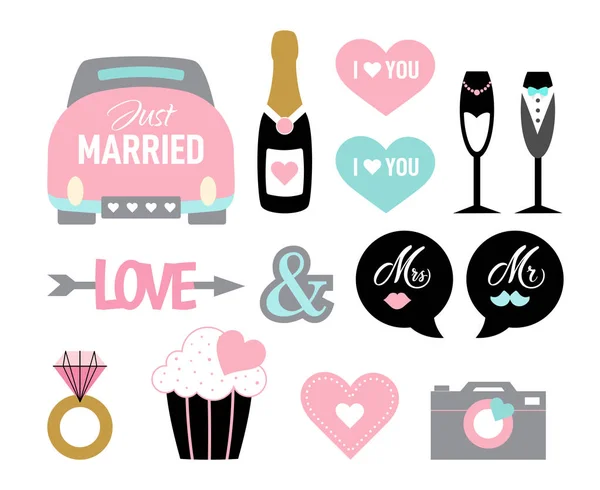 Icono de la boda conjunto de dibujos animados estilo matrimonio novia — Vector de stock