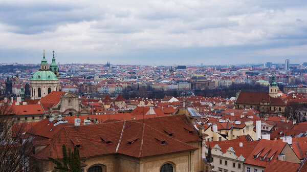 Prague, Czech Republic - March 10, 2020 View of Vysehrad in Prague, red tile roofs of old houses