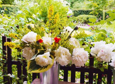 Sarı şakayık desenli beyaz çiçekleri yaz bahçesinde