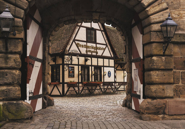 Nuremberg, Germany - July 10, 2020, medieval German style street and old houses