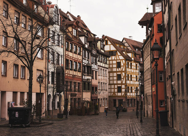 Nuremberg, Germany - July 10, 2020, cobbled street in medieval German style and old houses