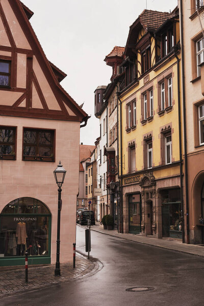 Nuremberg, Germany - July 10, 2020, cobbled street in medieval German style and old houses