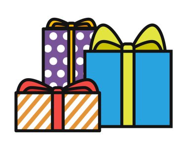 Kaydırılan Noel hediyeleri - Vektorgrafik. Açık beyaz zemin üzerine kırmızı Noel hediyesi. Hediye kutuları, beyaz izole sunar. Renkli sarılmış. Satılık alışveriş kavramı. Doğum günü için toplama.