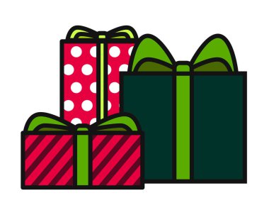 Kaydırılan Noel hediyeleri - Vektorgrafik. Açık beyaz zemin üzerine kırmızı Noel hediyesi. Hediye kutuları, beyaz izole sunar. Renkli sarılmış. Satılık alışveriş kavramı. Doğum günü için toplama.