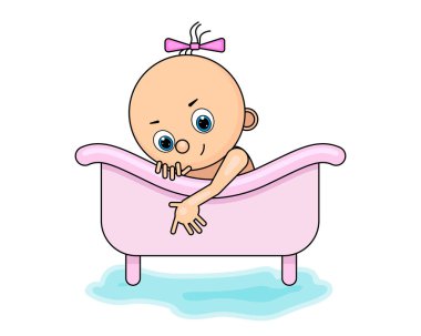 Banyoda bir küvet içinde mutlu karikatür bebek çocuk. Çizgi film şirin bebek kız gülümsüyor. Bir banyoda bebek vektör Illustration. Düz tasarım.