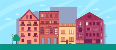 vektör düz çizgi film panorama - cityscape farklı binalar, bulutlar, mavi gökyüzü ile. Şehir Merkezi şehir cityscape görünümü. Şehir Emlak clipart. Arka plan üzerinde izole düz vektör çizim