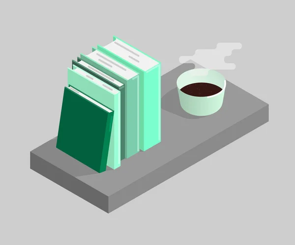 L'illustrazione vettoriale dei libri e una tazza di caffè. Illustrazione isometrica . — Vettoriale Stock