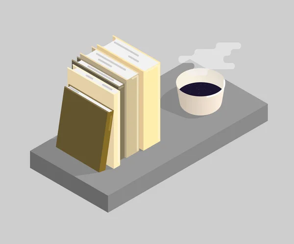 The vector illustration of books and a cup of coffee. Isometric illustration. — Stock Vector