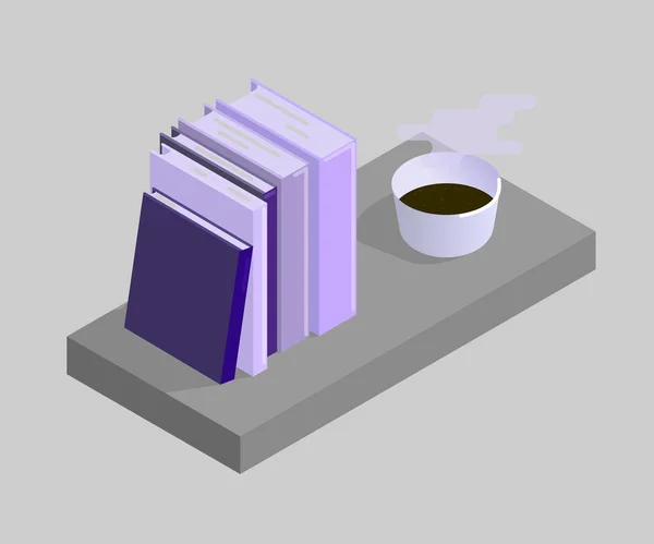 L'illustrazione vettoriale dei libri e una tazza di caffè. Illustrazione isometrica . — Vettoriale Stock