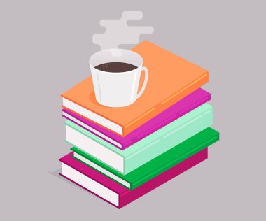 Kahve ile yatay yığın izometrik renkli kitap... Eğitim Infographic şablon tasarım kitap yığını. Arka planda izole katmanları vektör çizim.