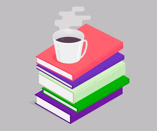 Stiva Orizontală Cărți Colorate Izometrică Ceașcă Cafea Educație Design Șablon — Vector de stoc