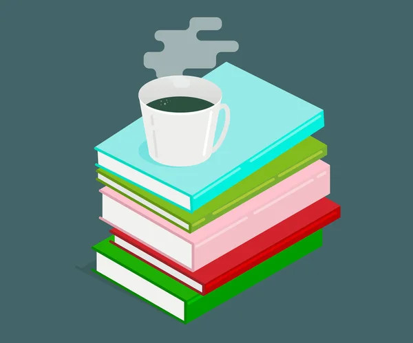 Pila Orizzontale Libri Colorati Isometrico Con Tazza Caffè Educazione Disegno — Vettoriale Stock