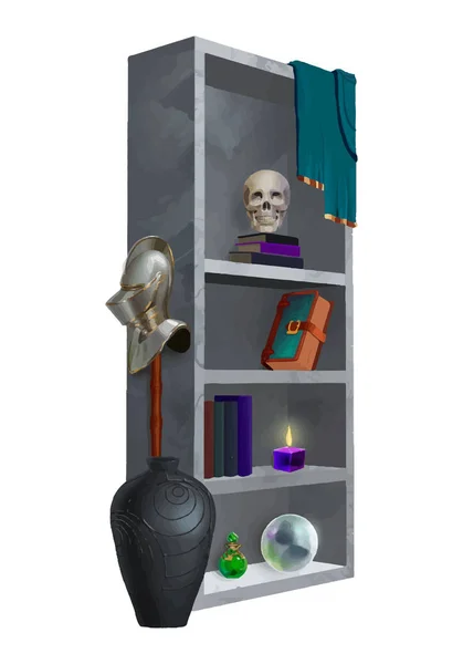 Fantasy-Bücherregal mit magischen Dingen Vektor-Illustration — Stockvektor