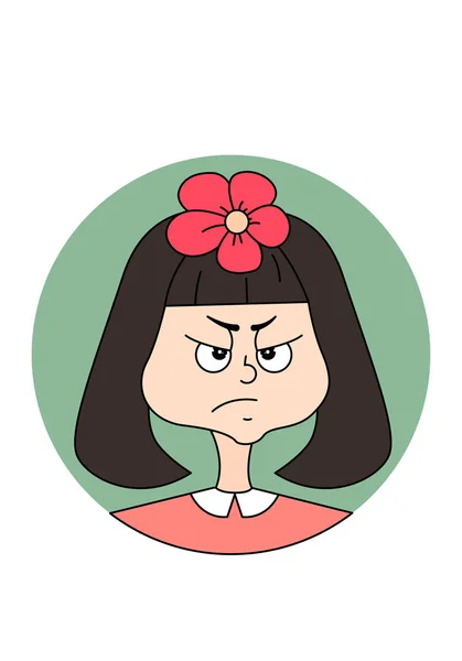 Chica enojada con una hermosa flor en la cabeza. Gute chica icono de dibujos animados . — Vector de stock