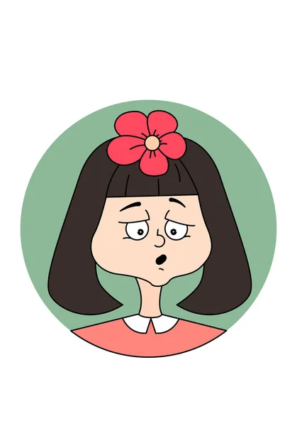 Emoción facial chica con hermosa flor en la cabeza. Gute chica icono de dibujos animados . — Vector de stock