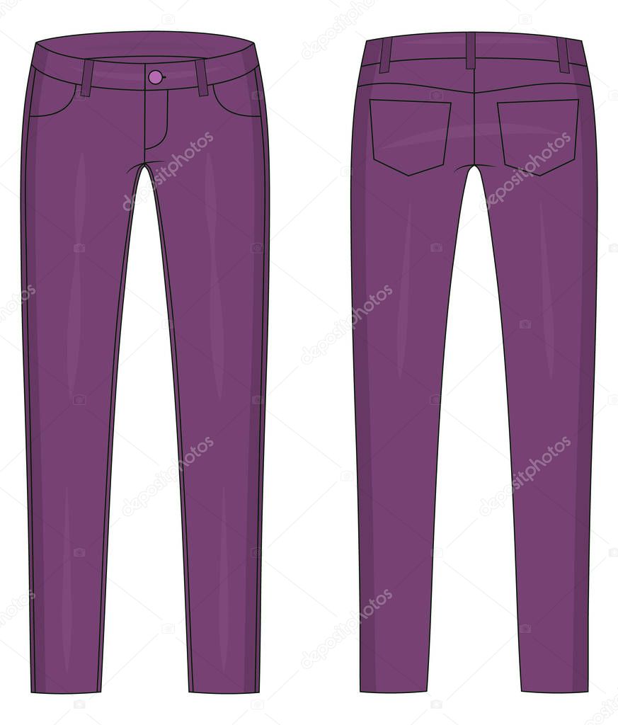 Fashion technical colored sketch of jeans in vector graphic