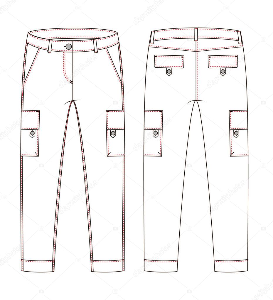 Fashion technical sketch of jeans in vector graphic