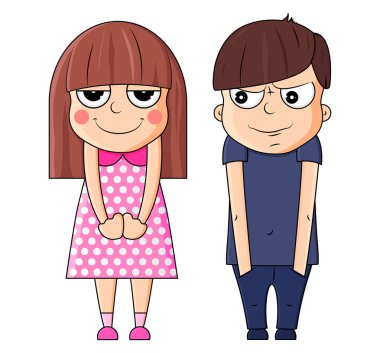 Kendini beğenmiş ifadeler ile sevimli karikatür çocuk ve kız. Vektör çizimi