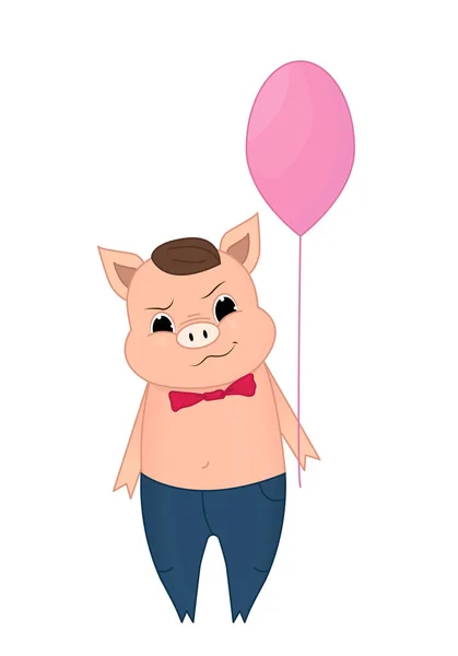 Illustration vectorielle du cochon mignon tenant un ballon de dessin animé. Doodle, dessiné à la main. Caricature . — Image vectorielle