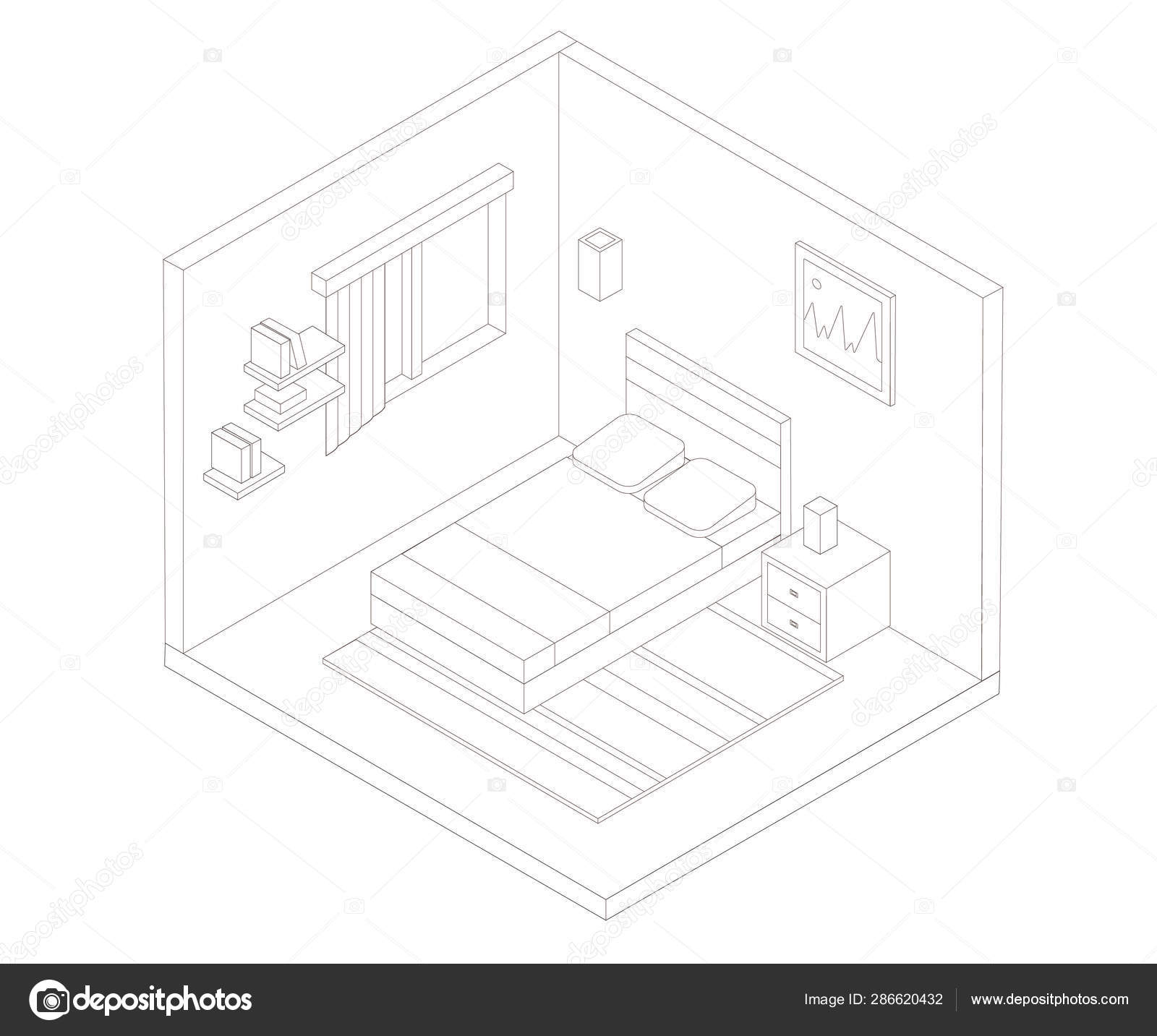 Isometric Bedroom Outline Illustration Vector Flat