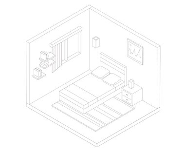 Isometrik yatak odası anahat illüstrasyon. Vektör düz illüstrasyon.