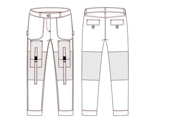 Pantalones de carga con grandes bolsillos laterales bosquejo técnico. Vistas frontales y traseras - Vektorgrafik — Vector de stock