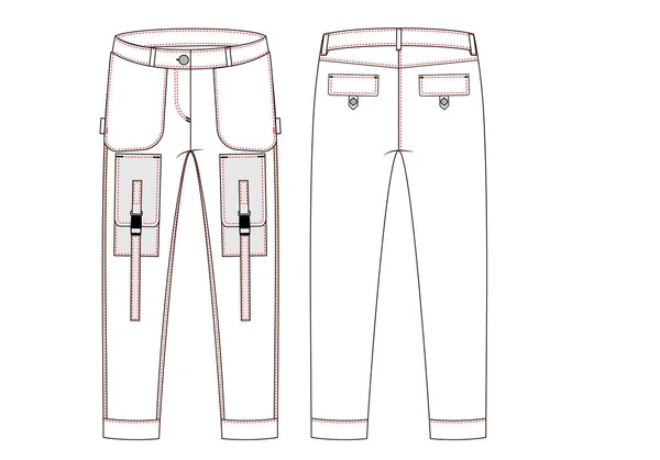 Kalhoty s velkými postranicovými kapsy, technické schéma. Pohled zepředu a zpět-Vektorgrafik — Stock fotografie