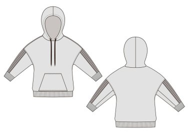 Kapüşonlu moda teknik çizimleri. Beyaz arkaplanda Düz Şablonlar.