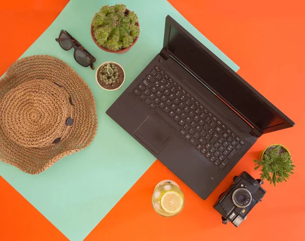 Flat lay work and travel, fresh and cactus theme, with young copy space for text.Top view of millennial workplace and vacation concept with blank space with summer or spring accesories