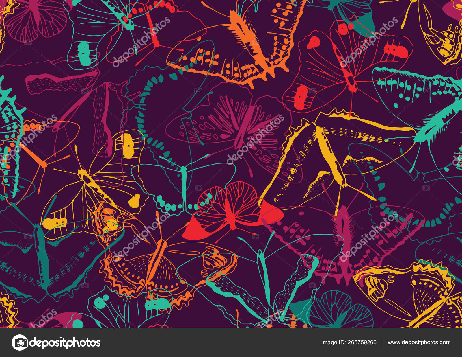 暗い背景にカラフルな蝶のテクスチャシームレスなパターン ファッション 包装紙や壁紙のためのサイケデリックな色で重ね合わせた蝶の大きなグループ ストックベクター C Aguscami