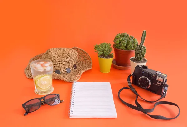 Work and travel, fresh and cactus theme, with copy space for text. View of workplace. Vacation and summer sale concept. Tourism accesories for travel preparation, with blank space on orange background.