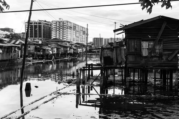 Poor Village Poverty Stricken Stilts Above Sea Ocean Low Tide Slum In Disrepair Urban