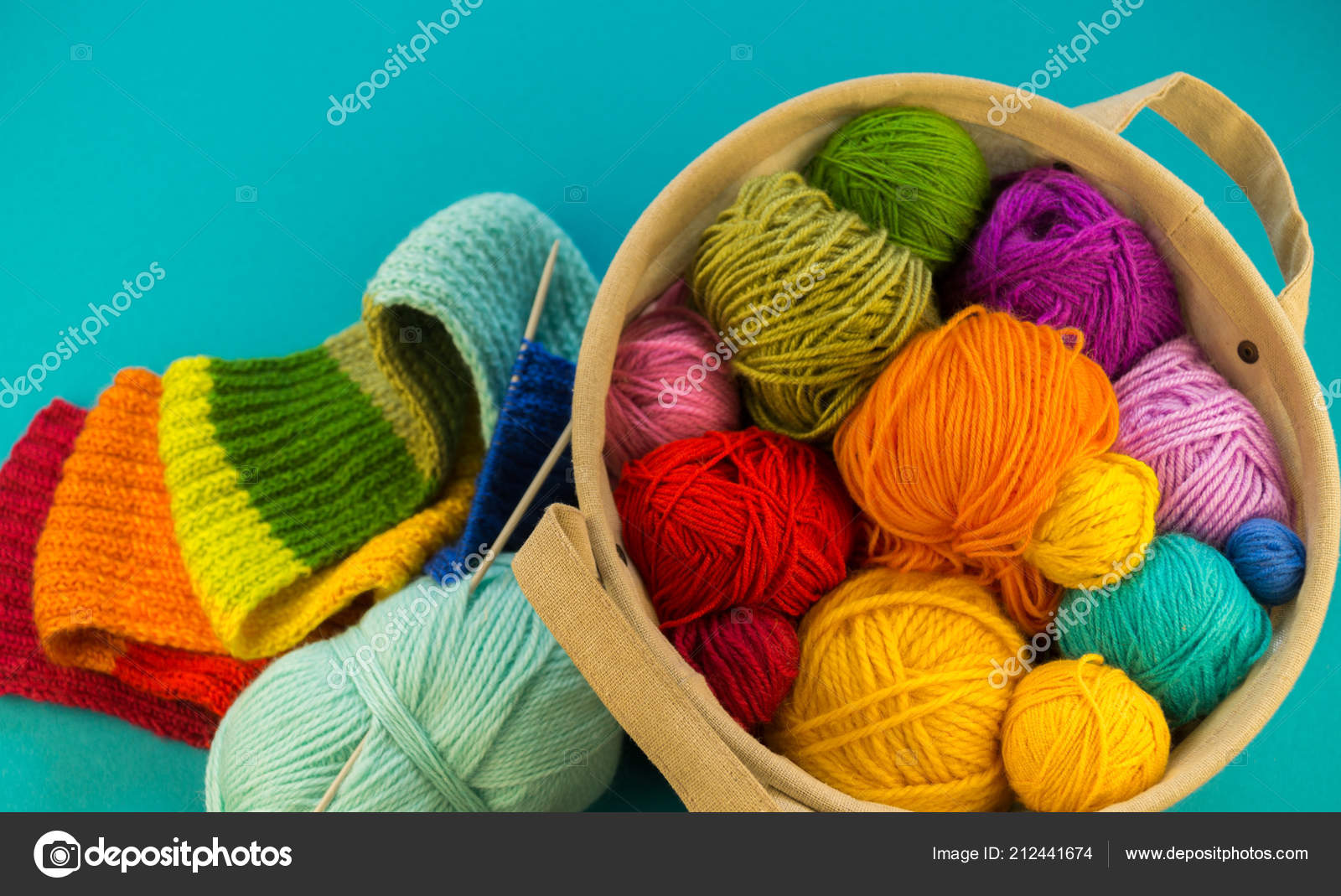 Knitting Rainbow Scarf Hat Basket Balls Wool Knitting