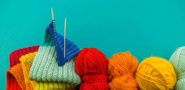 Knitting Rainbow Scarf Hat Basket Balls Wool Knitting Needles Blue — Stock Photo, Image