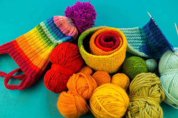 Knitting Rainbow Scarf Hat Basket Balls Wool Knitting Needles Blue — Stock Photo, Image