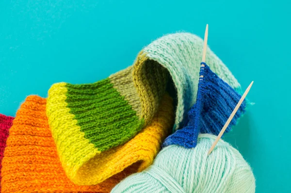 Knitting Rainbow Scarf Hat Basket Balls Wool Knitting Needles Blue — Stock Photo, Image