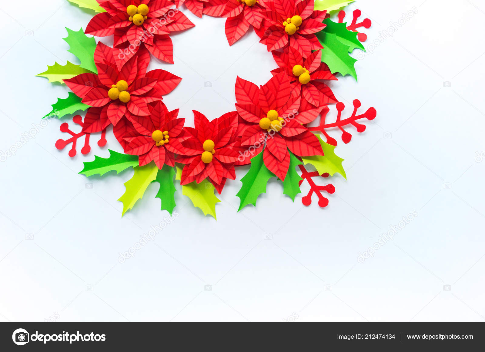 Poinsettia Fleur Papier Feuilles Houx Guirlande Noël Fond