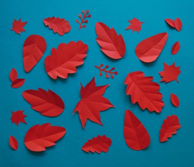 Kağıt sonbahar kırmızı yaprak yaprakları düşer. Mavi arka plan. El yapımı origami.