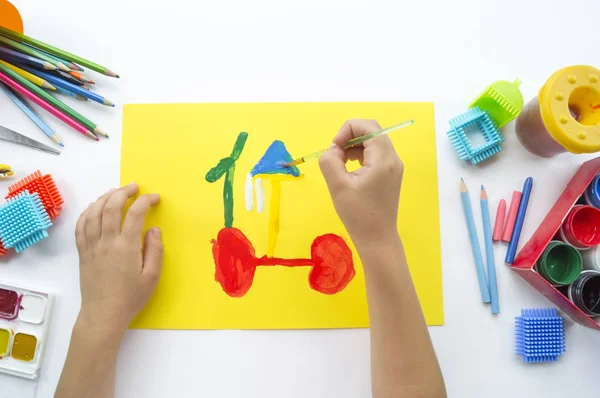 Child Draws Picture Bicycle Paints Children Hands Favorite Hobby Materials — Stock Photo, Image