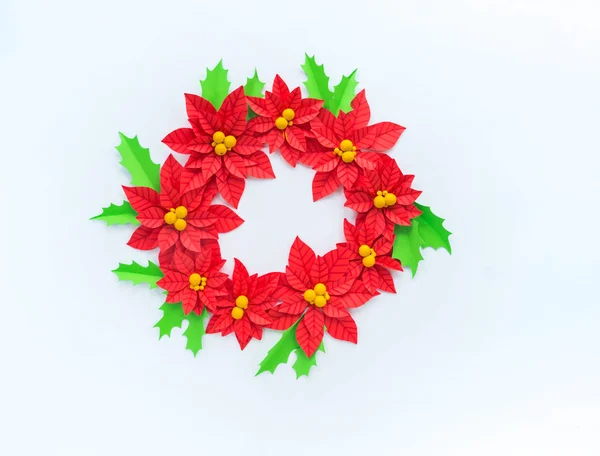 Paper Flower Poinsettia Leaves Holly Christmas Wreath White Background Colors — Stock Photo, Image