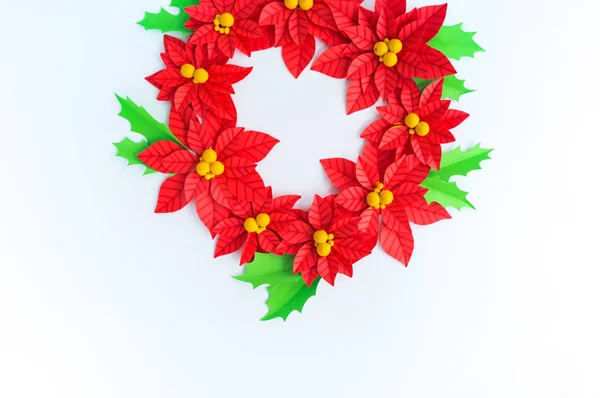 Poinsettia Fiori Carta Foglie Agrifoglio Ghirlanda Natale Sfondo Bianco Colori — Foto Stock