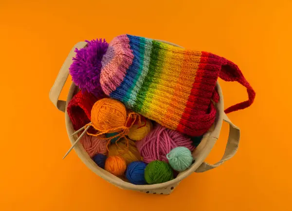 Rainbow Cap Made Wool Orange Background Copy Space View Striped — Stock Photo, Image